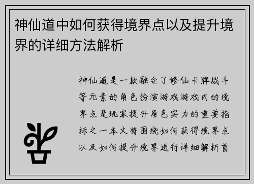 神仙道中如何获得境界点以及提升境界的详细方法解析